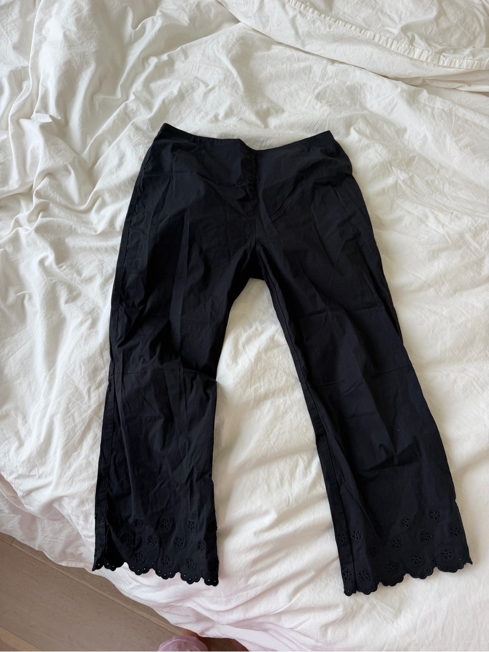 Frankies Bikinis Black Eyelet Hem Wide-Leg Pants